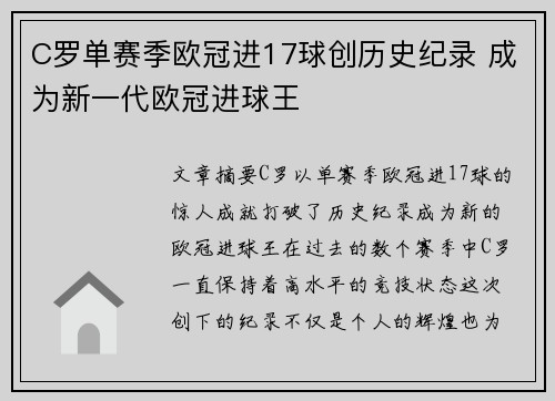 C罗单赛季欧冠进17球创历史纪录 成为新一代欧冠进球王
